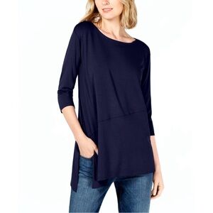 Eileen Fisher Boat Neck Asymmetrical Tunic Top Relaxed Fit M Black Tencel